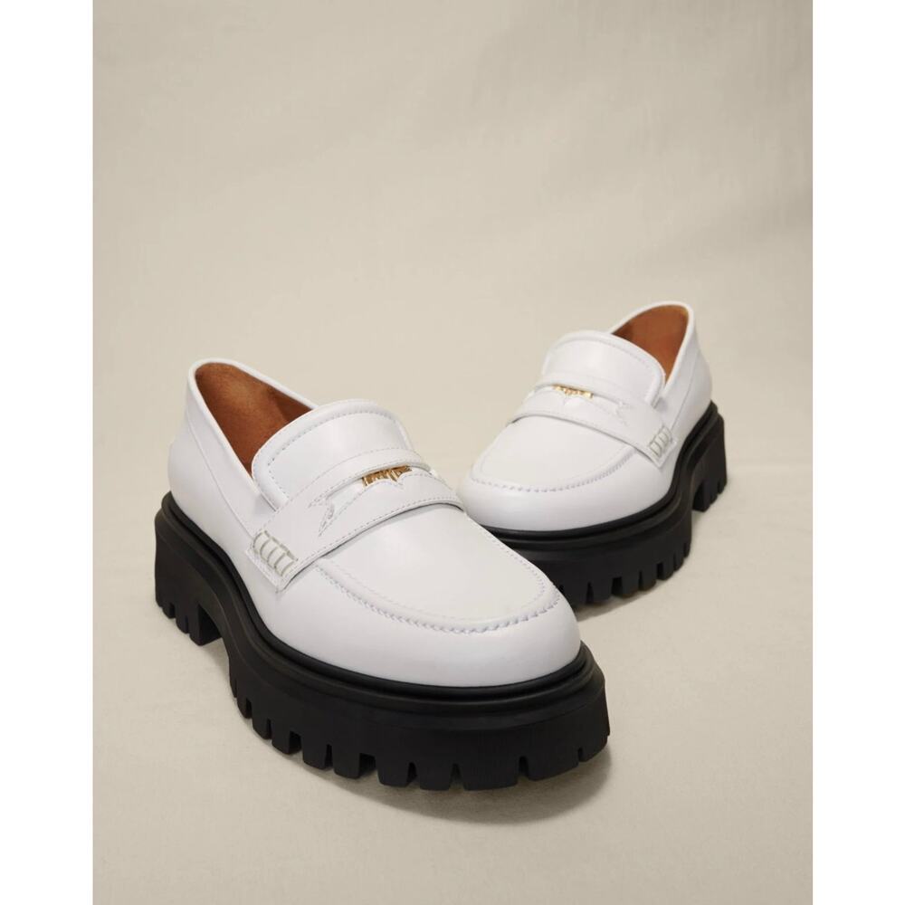 Maje White Leather Lug Sole Penny Loafers
